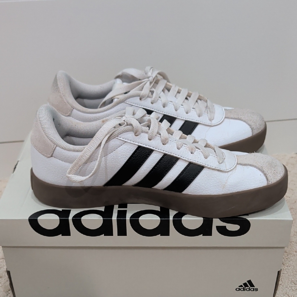 adidas White Sneakers with Black Stripes and Gum Sole